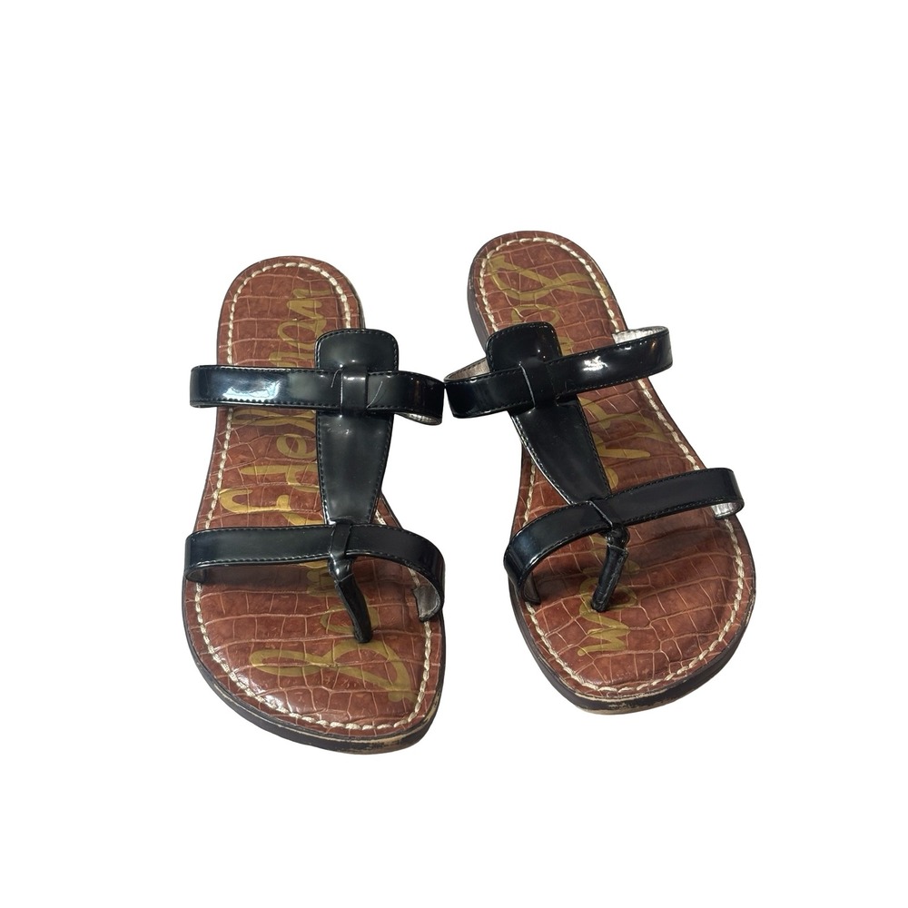 Sam Edelman Kira Black Patent T-Strap Flat Sandals Women Size 8.5M Croc Insole